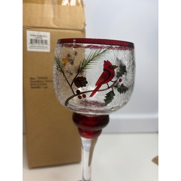 NEW Yankee Candle Crackled Glass Votive STEM Candleholder WINTER Birds 8.5”H - Picture 2 of 8